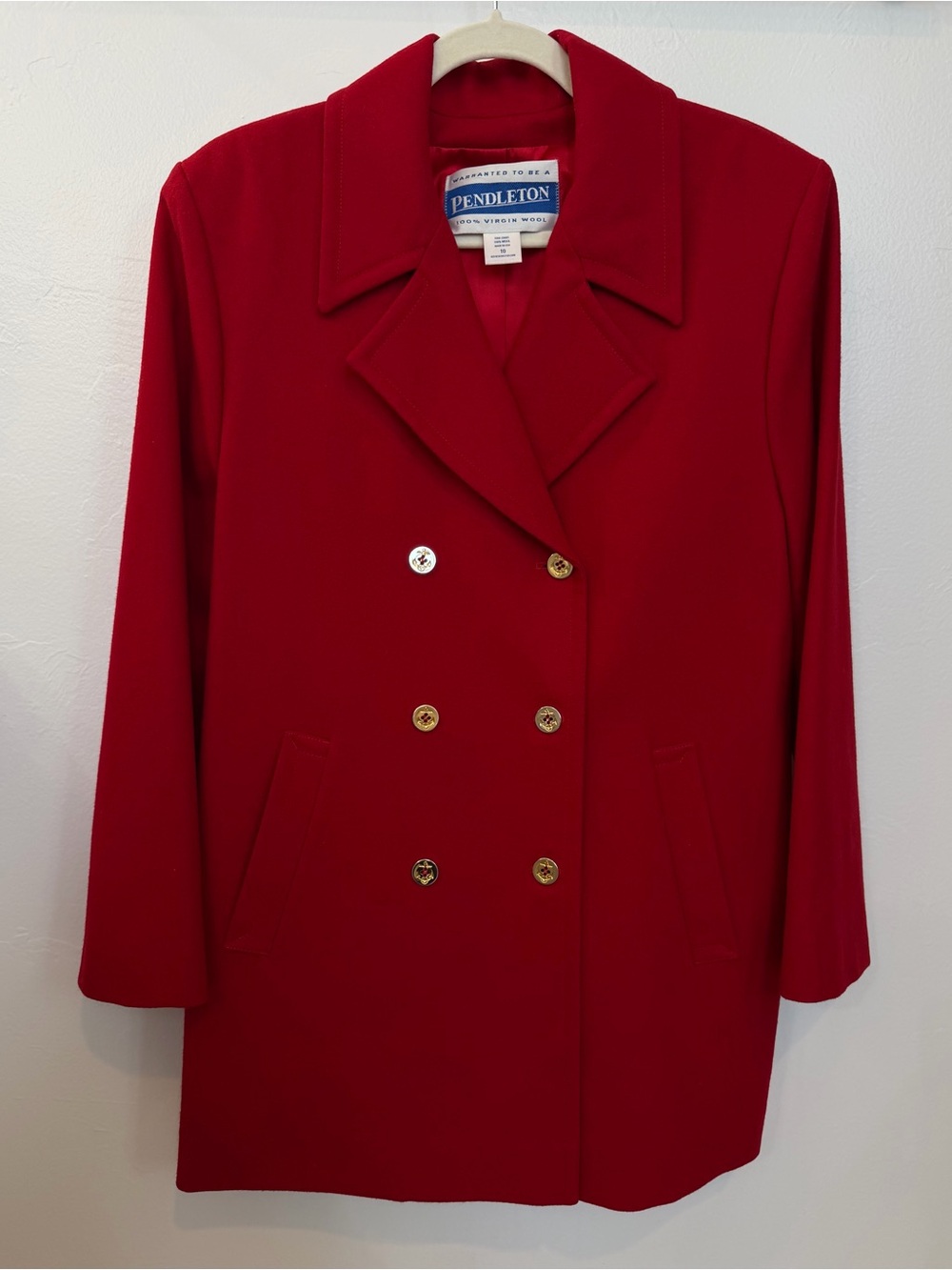 Pendleton Vintage Red Double-Breasted Wool Pea Coat with Gold Buttons
